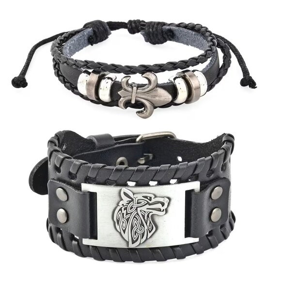 Set of 2 Genuine Leather Bracelets Dualtone Adjustable Black Original Box - Picture 1 of 15